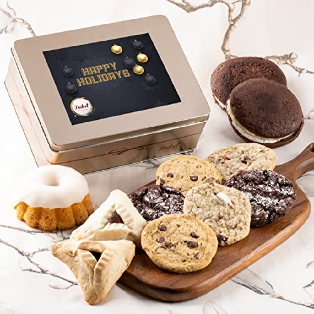 Dulcet Gift Baskets Happy Holiday Tasteful Treats Tin Gift Basket Filled with Gourmet Bakery Goods Ideal Gift Idea for, Wife, Girlfriend, Mom