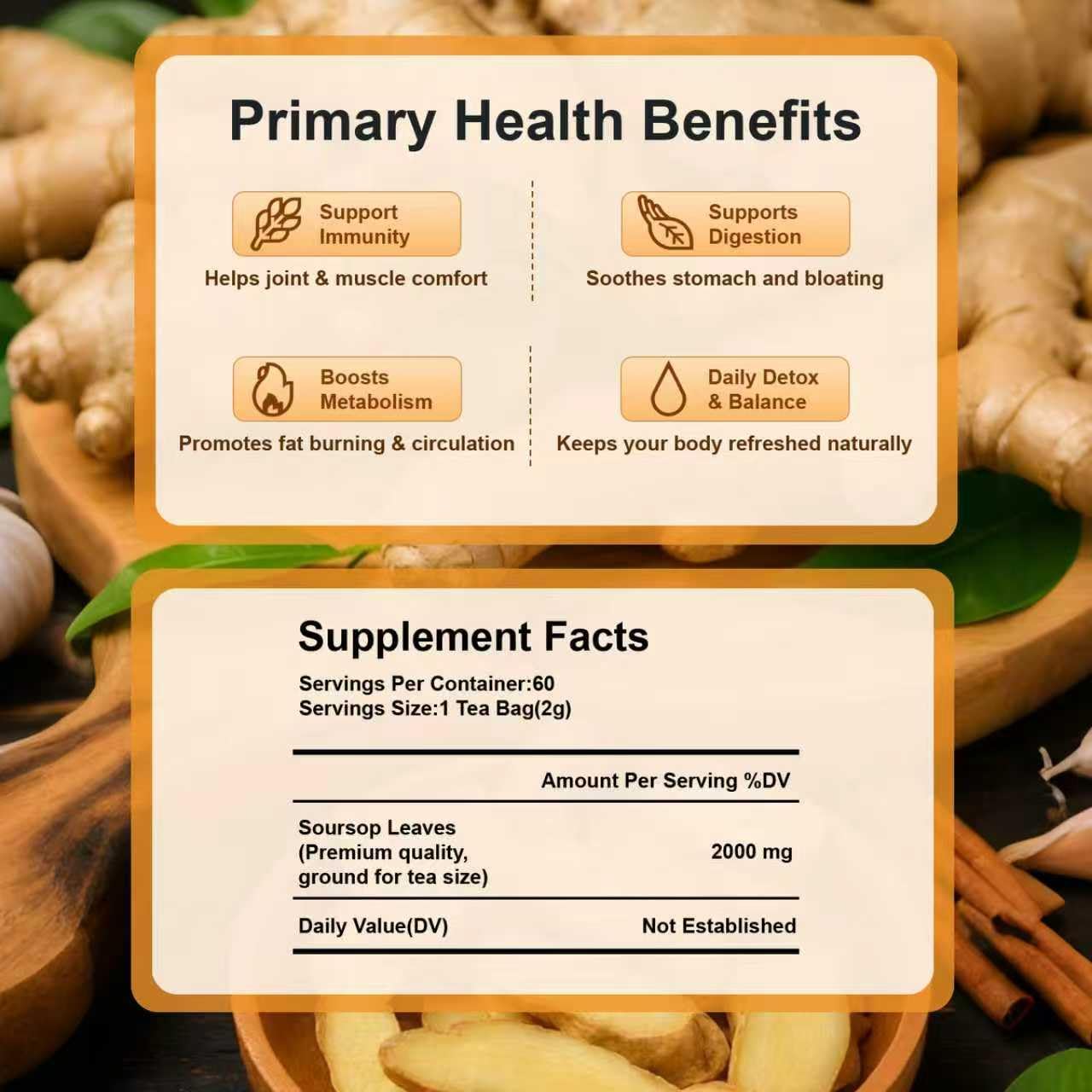 Ginger Turmeric Tea 2g x 60 Teabags | 100% Golden Blend for Wellness | Powerful Antioxidant & Natural Digestion Metabolism Support | Warming