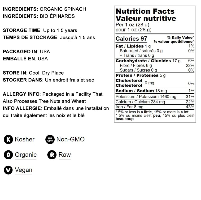 Food to Live Organic Spinach Powder, 1 Pound - Non-GMO, Finely Ground Dehydrated Leaves, Pure, Vegan, Kosher, Bulk. Source of Fiber, Vitamin A, Iron