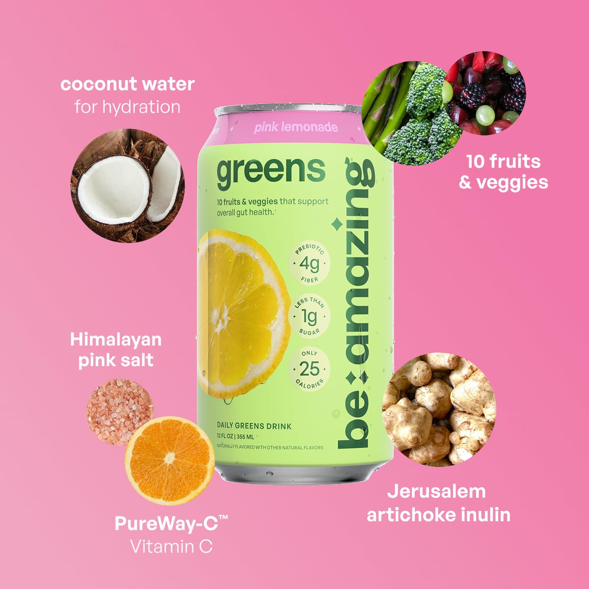 Be Amazing Greens Drink, Pink Lemonade, Ready to Drink, 10 Organic Fruits & Vegetables, Coconut Water, Vitamin C, Prebiotic Fiber, 25 Calories, Low