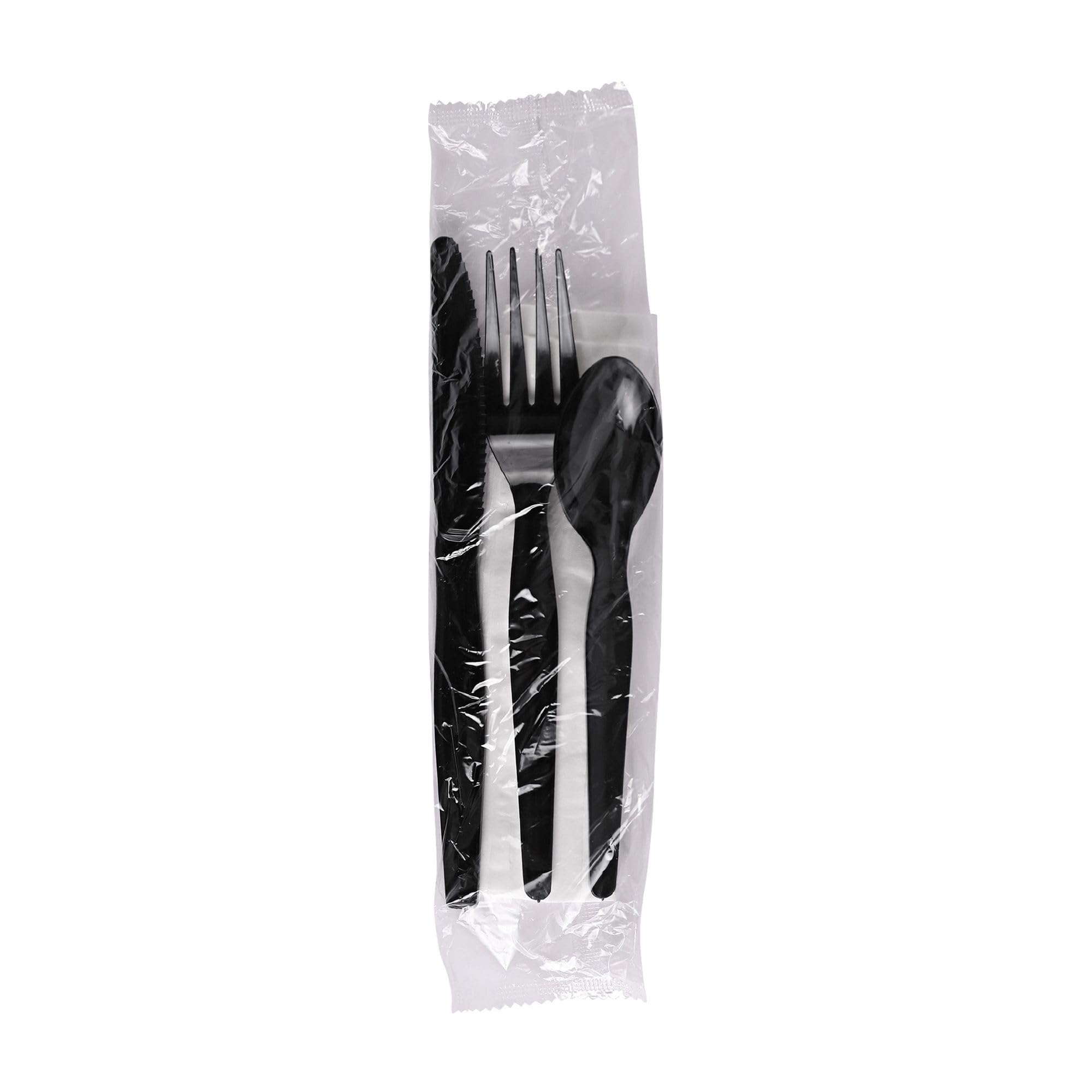 Boardwalk Four-Piece Cutlery Kit, Fork/Knife/Napkin/Teaspoon, Black, 250/Carton