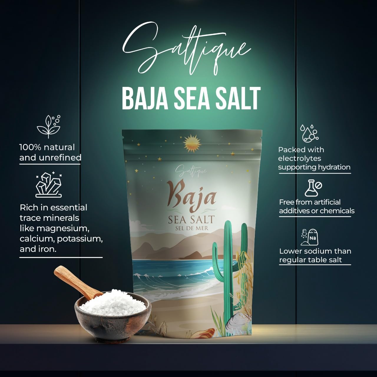 Saltique 5lb Baja Sea Salt Fine Ground - Contains a Balance of 90 Minerals Helping You Stay Hydrated And Improve Electrolyte Balance-100% Unrefined