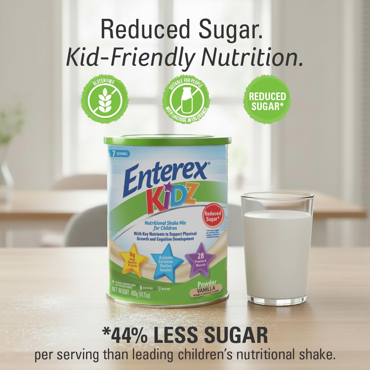 Enterex Kidz Nutritional Shake Mix for Kids - Vanilla | 8g Protein, Reduced Sugar, 28 Vitamins & Minerals | Gluten Free, with Fiber | 400g (7