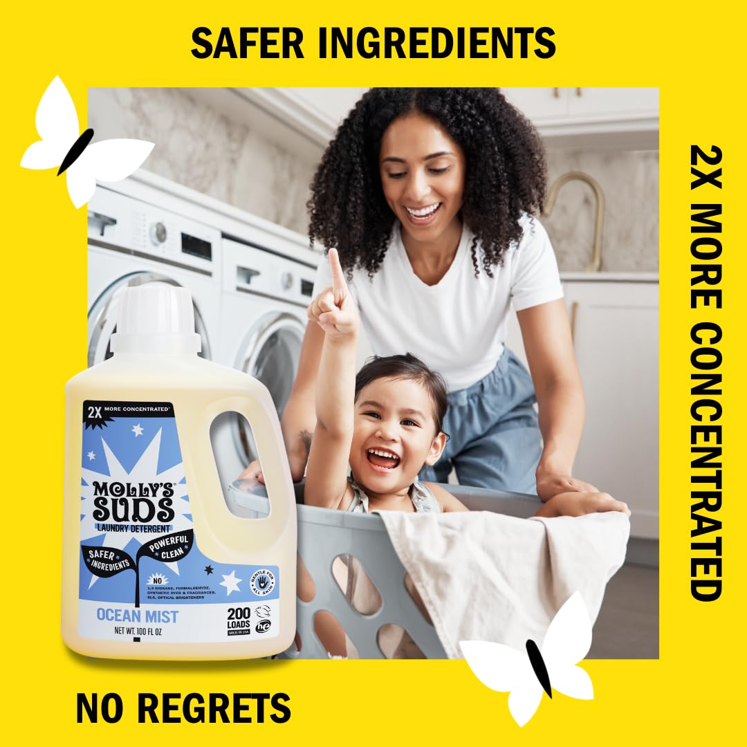 Molly's Suds Liquid Laundry Detergent | Clean Laundry Detergent Soap for Sensitive Skin | 2x Concentrated, High Efficiency (HE) (Ocean Mist - 200