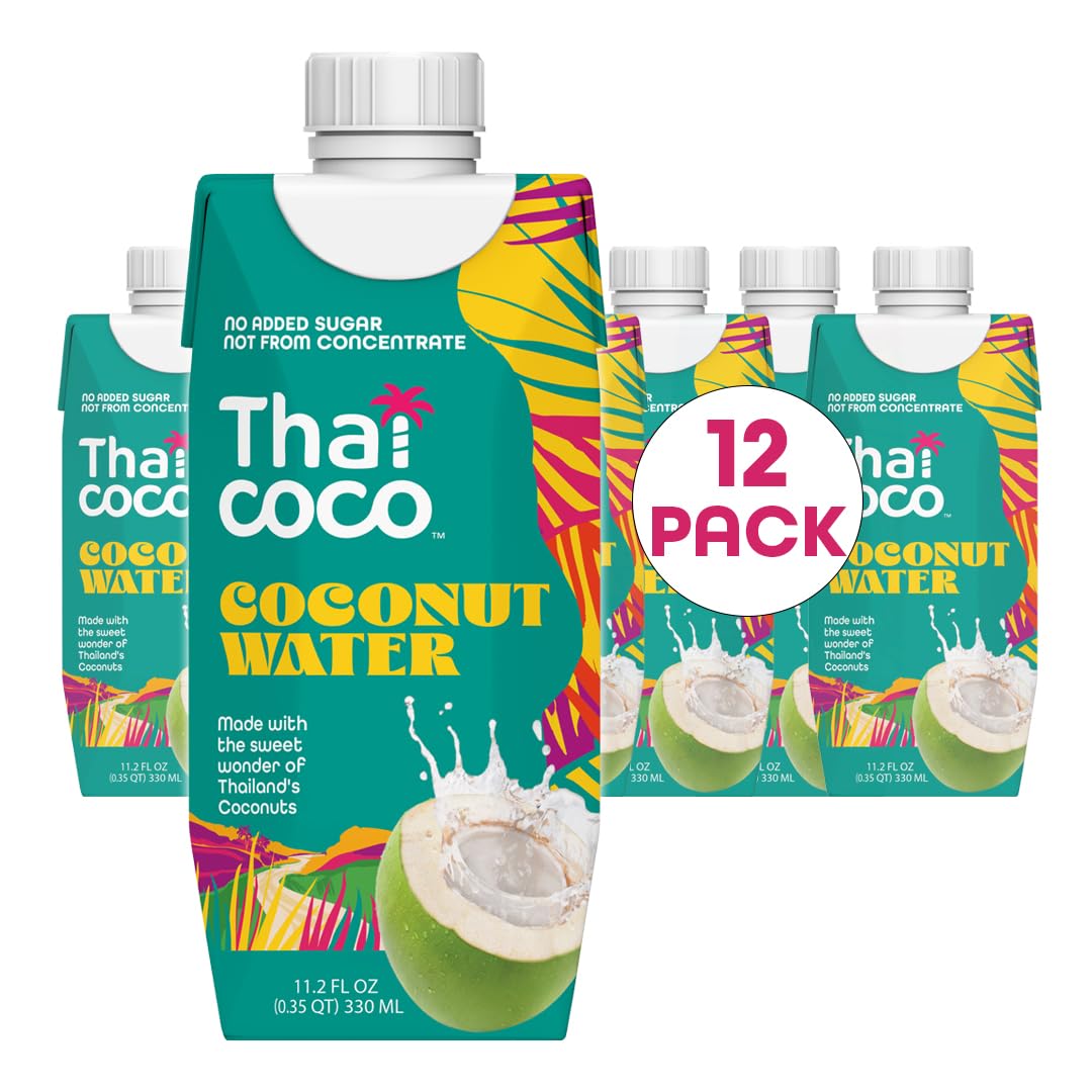 Thai Coco Organic Coconut Water, 100% Pure & Unsweetened, No Sugar Added, USDA Organic, Natural Electrolytes Hydration Drink, 11.2 fl oz Tetra Carton