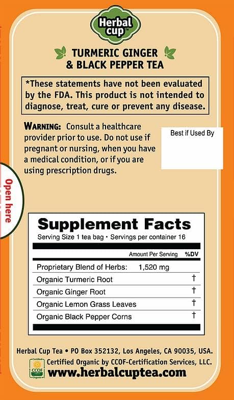 Herbal Cup Ayurveda Turmeric Tea, Organic Ginger & Black Pepper, No Caffeine Herbal Supplement (16 Count, Pack of 3)