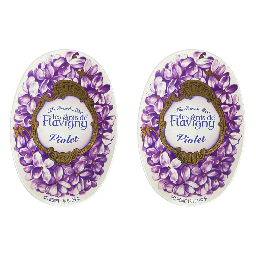 Les Anis de Flavigny French Anise Candy - Violet Flavor Hard Candy, Natural Gourmet Sweets in Classic Reusable Tin, 50g (1.75 oz) Each (Pack of 2)