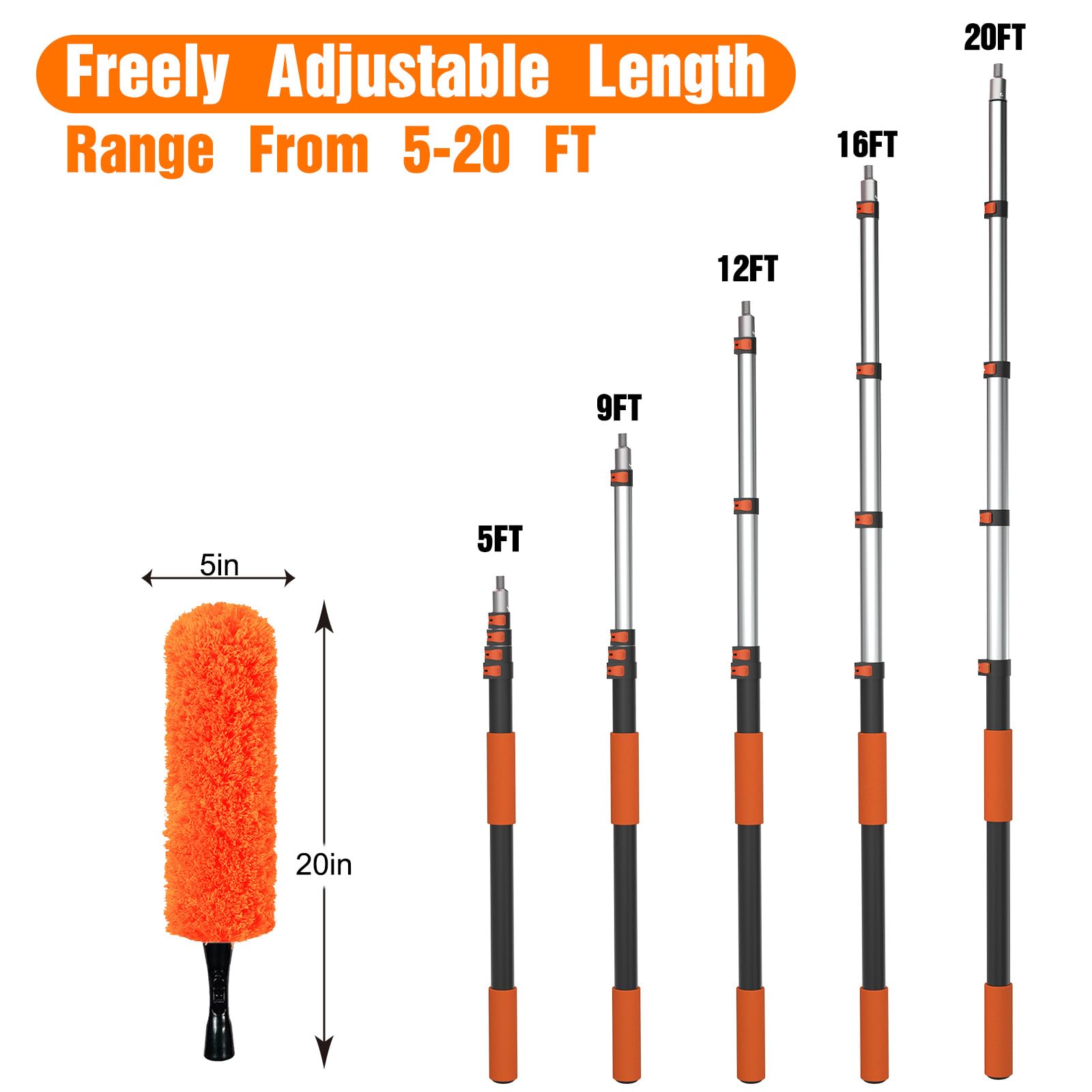 LAANPOLE 26FT High Reach Duster Cleaning Kit with Extension Pole, High Ceiling Fan Cleaner Duster Tool for Fan Blades, Window Washing Kit