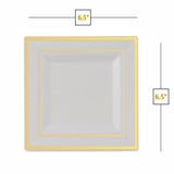 BloominGoods Plastic Disposable Square Dessert Plates | 50-Pack 6.5 inches White with Gold Rim Square Plates | Ideal for Weddings, Parties, Catering |