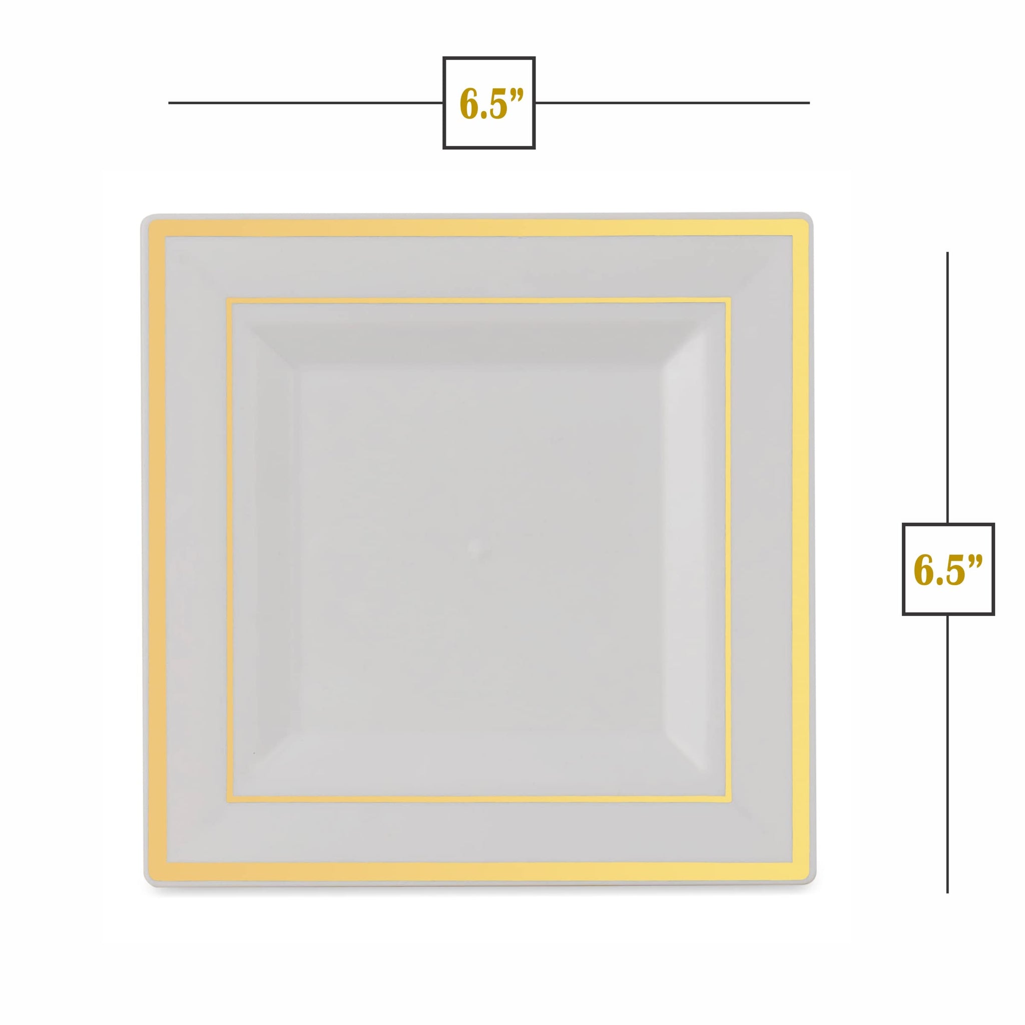BloominGoods Plastic Disposable Square Dessert Plates | 50-Pack 6.5 inches White with Gold Rim Square Plates | Ideal for Weddings, Parties, Catering |