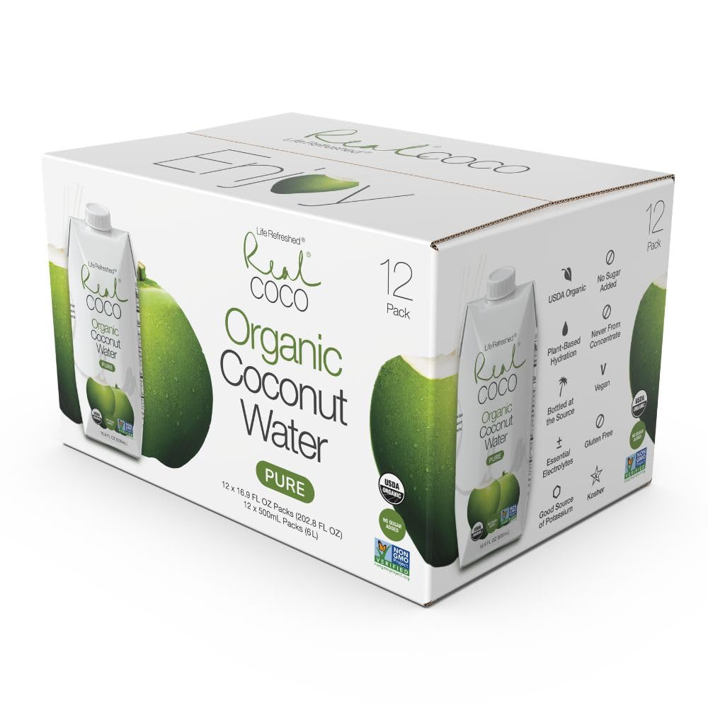 Real Coco Organic Pure Coconut Water 500mL, 100% USDA Organic Coconut Water, Packed with Electrolytes, Dairy/Soy Free, Vegan, Plant Based (12-pack