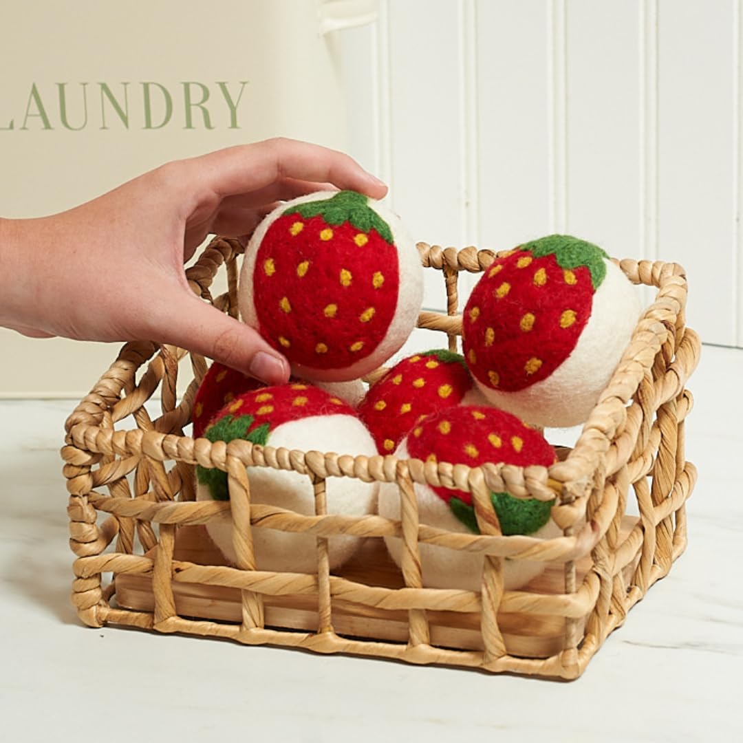 Bright Habits Upcycled Oversized New Zealand Wool Dryer Ball Set Strawberry Design, Handmade Fair Trade Eco Friendly Reusable Wool Dryer Balls