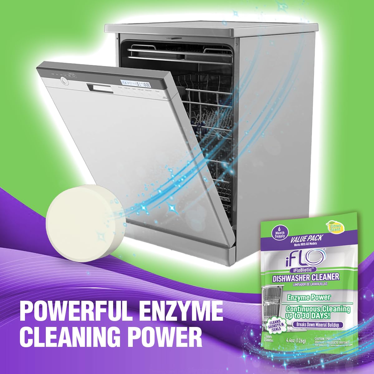 iFLO Dishwasher Cleaner Tablets with iFLObiotic - Deep Cleaning Dishwasher and Deodorizer Tablets to Eliminate Dish Washer Odor, Remove Residue