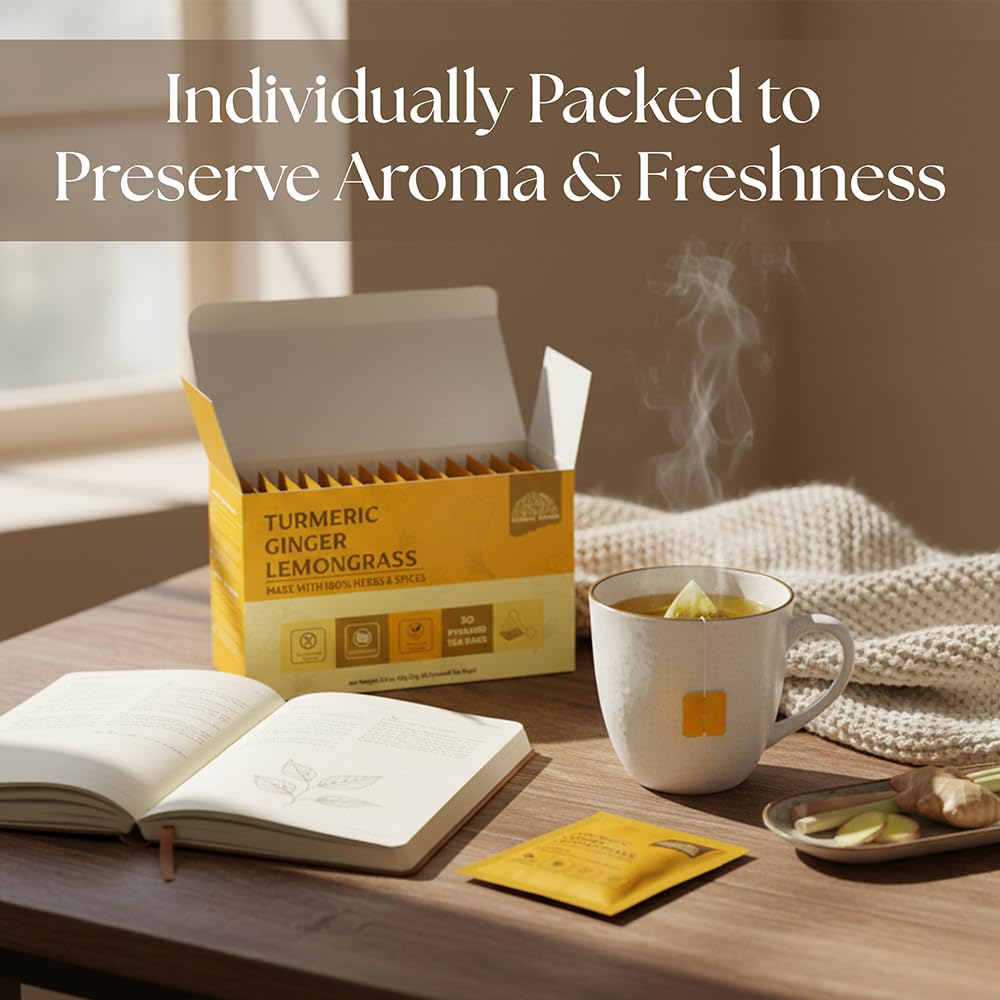Turmeric Ginger Lemongrass Tea Bags | Aromatic Herbal Blend | Caffeine-Free, Refreshing & Natural | 60g (2g-30 Pyramid Tea bags)