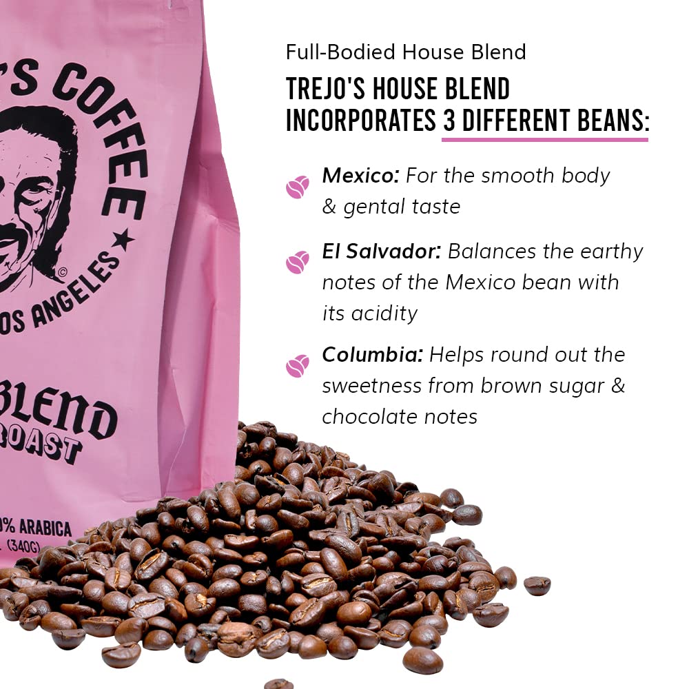 Trejo’s Tacos House Blend Medium Roast Whole Bean Coffee 12 Oz (Pack of 1) - Made with 100% Arabica Beans - Smooth Balanced Taste with Chocolate