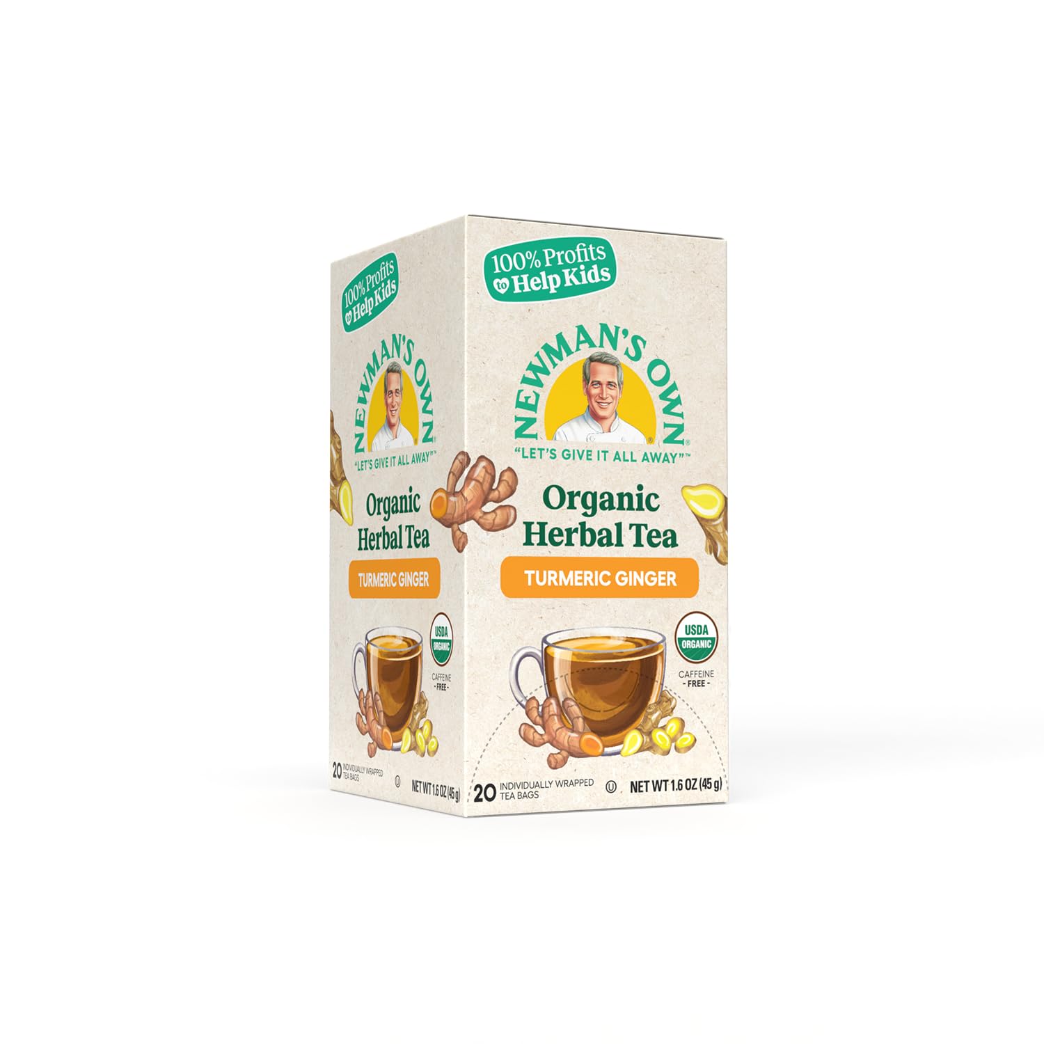 Newman ’s Own Organic Turmeric Ginger Herbal Tea Caffeine-Free May Aid Digestion and Boost Immunity Turmeric Tea with 20 Individually Wrapped Tea Bags