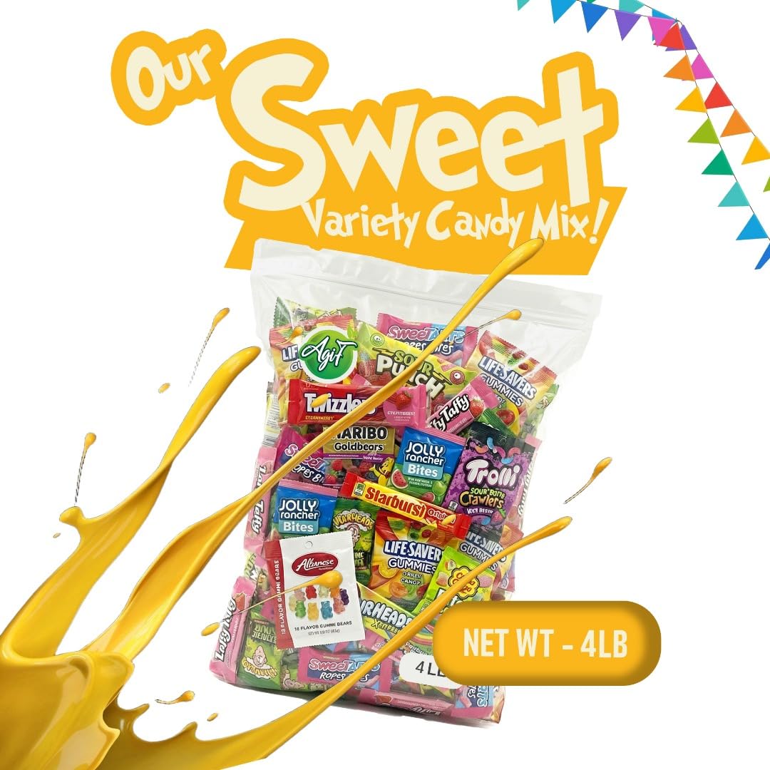 Assorted Candy Variety Pack 4lb - Bulk Candy Assortment Individually Wrapped Mixed Candy, Sweet & Sour Gummy Mix, Party Candy Bags for Piñata