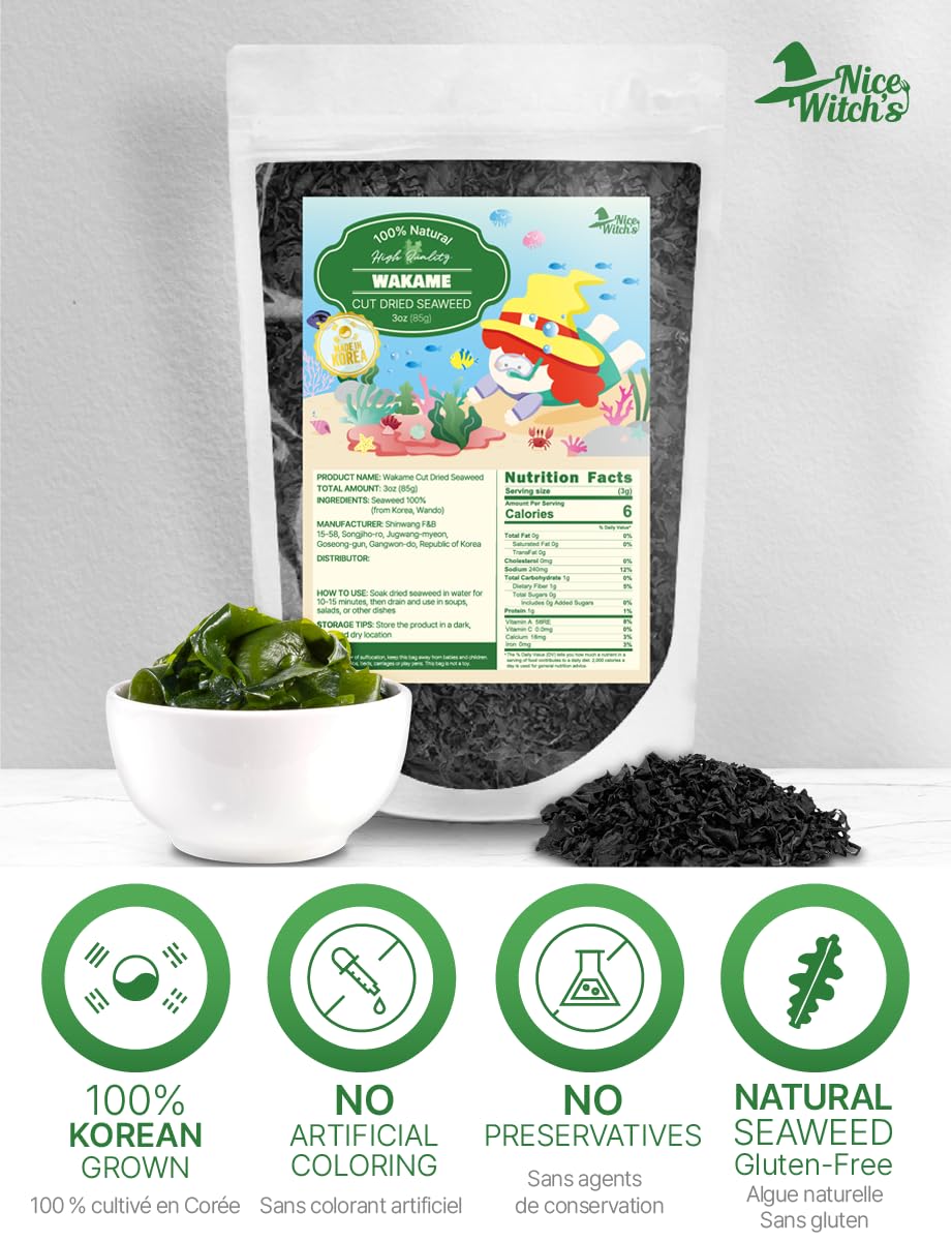NICE WITCH'S Korean 100% Pure Dried Cut Seaweed 85g / 3oz - Baby Seaweed Flakes, Wakame, Miyeok, ????