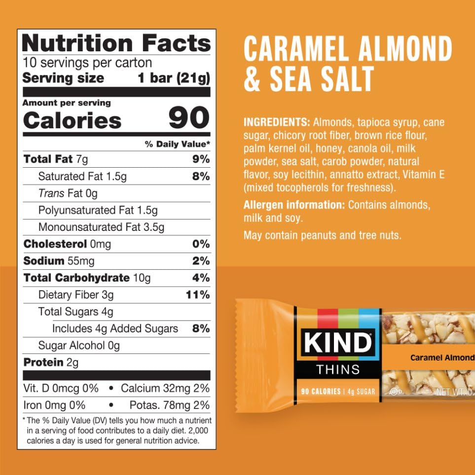 KIND Thins Snack Bars Variety Pack, Gluten Free, Low Calorie, Healthy Snacks, Dark Chocolate Nuts & Sea Salt, Caramel Almond & Sea Salt, Peanut Butter