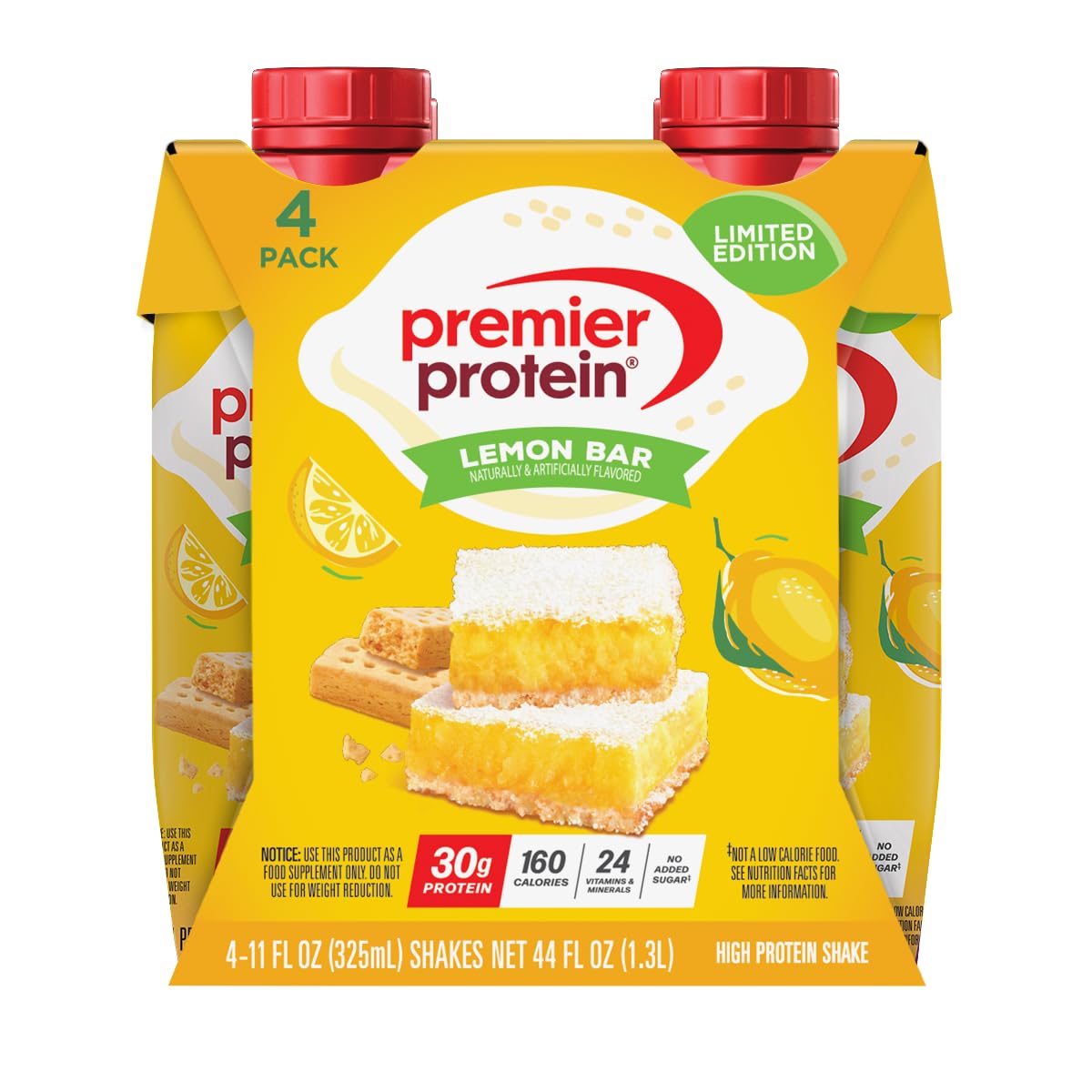 Premier Protein Shake, Limited Edition Lemon Bar, 30g Protein, 1g Sugar, 24 Vitamins & Minerals, 11 fl oz (4 Pack)