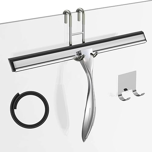 14-Inches Stainless Steel Shower Squeegee Set, Include Shower Door Hook, Adhesive Hook and Spare Silicone Blade, Window Squeegee for Shower Glass