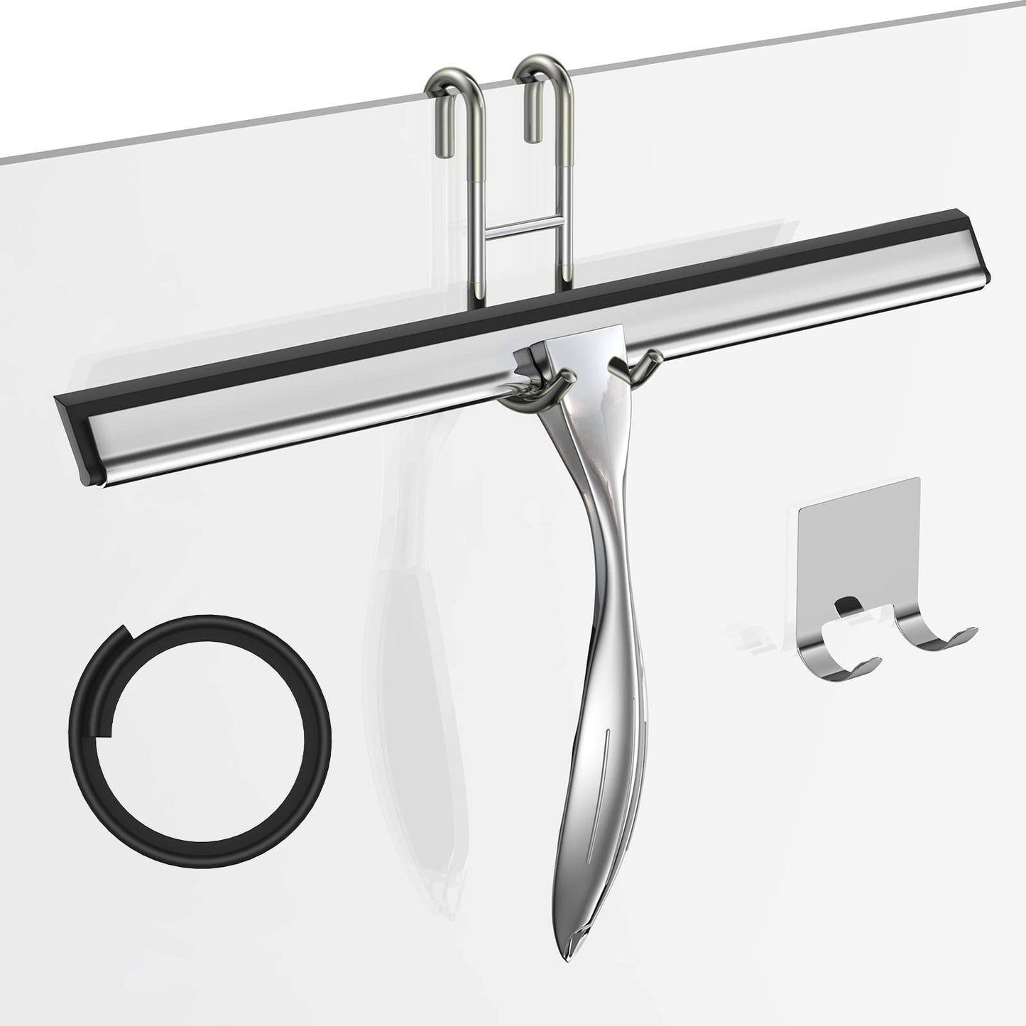 14-Inches Stainless Steel Shower Squeegee Set, Include Shower Door Hook, Adhesive Hook and Spare Silicone Blade, Window Squeegee for Shower Glass