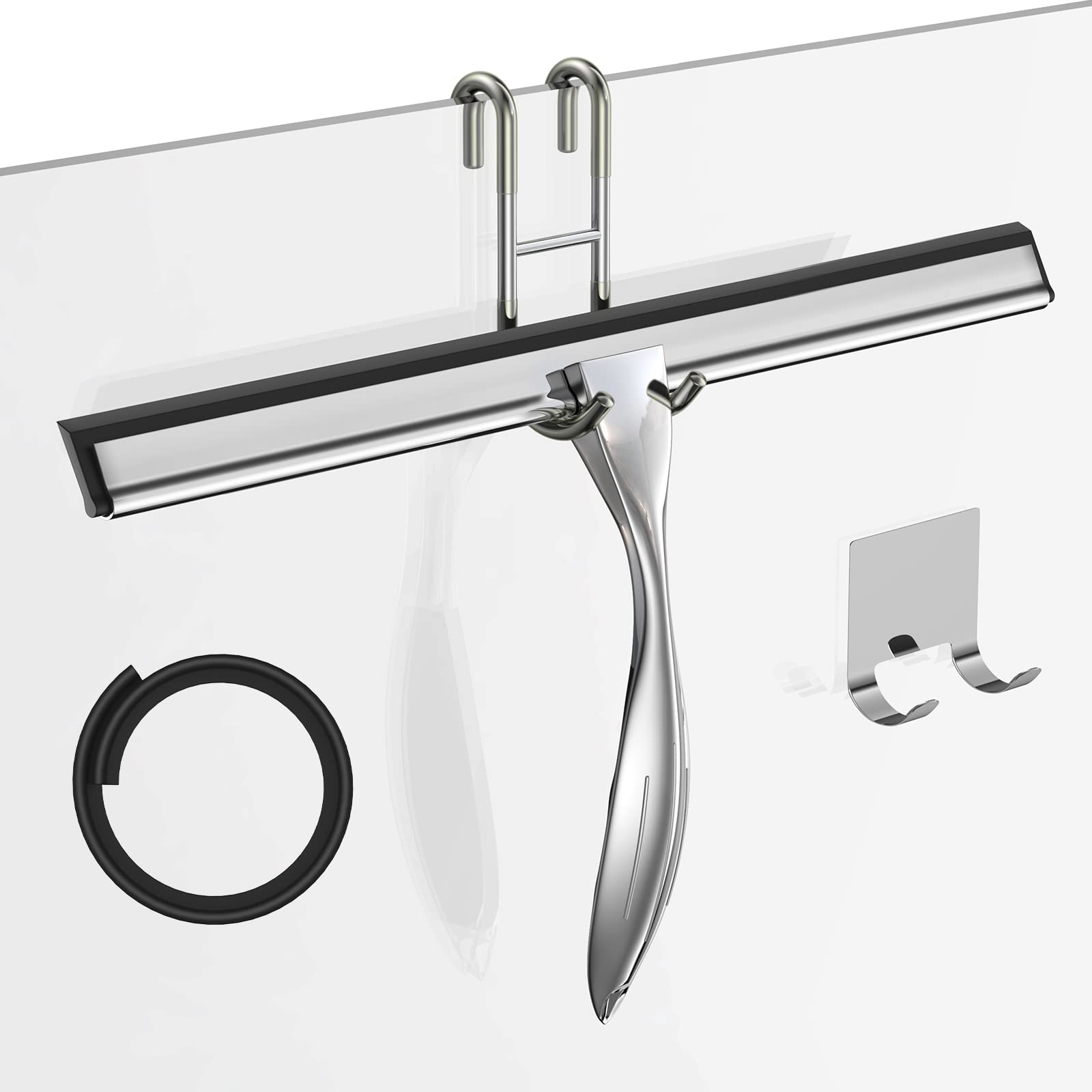 14-Inches Stainless Steel Shower Squeegee Set, Include Shower Door Hook, Adhesive Hook and Spare Silicone Blade, Window Squeegee for Shower Glass