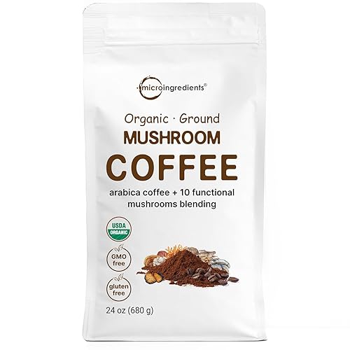 Micro Ingredients Organic 10 in 1 Ground Mushroom Coffee, 24 Ounce | Premium Arabica Coffee with Lion's Mane, Chaga, Reishi, & More | Smooth Medium