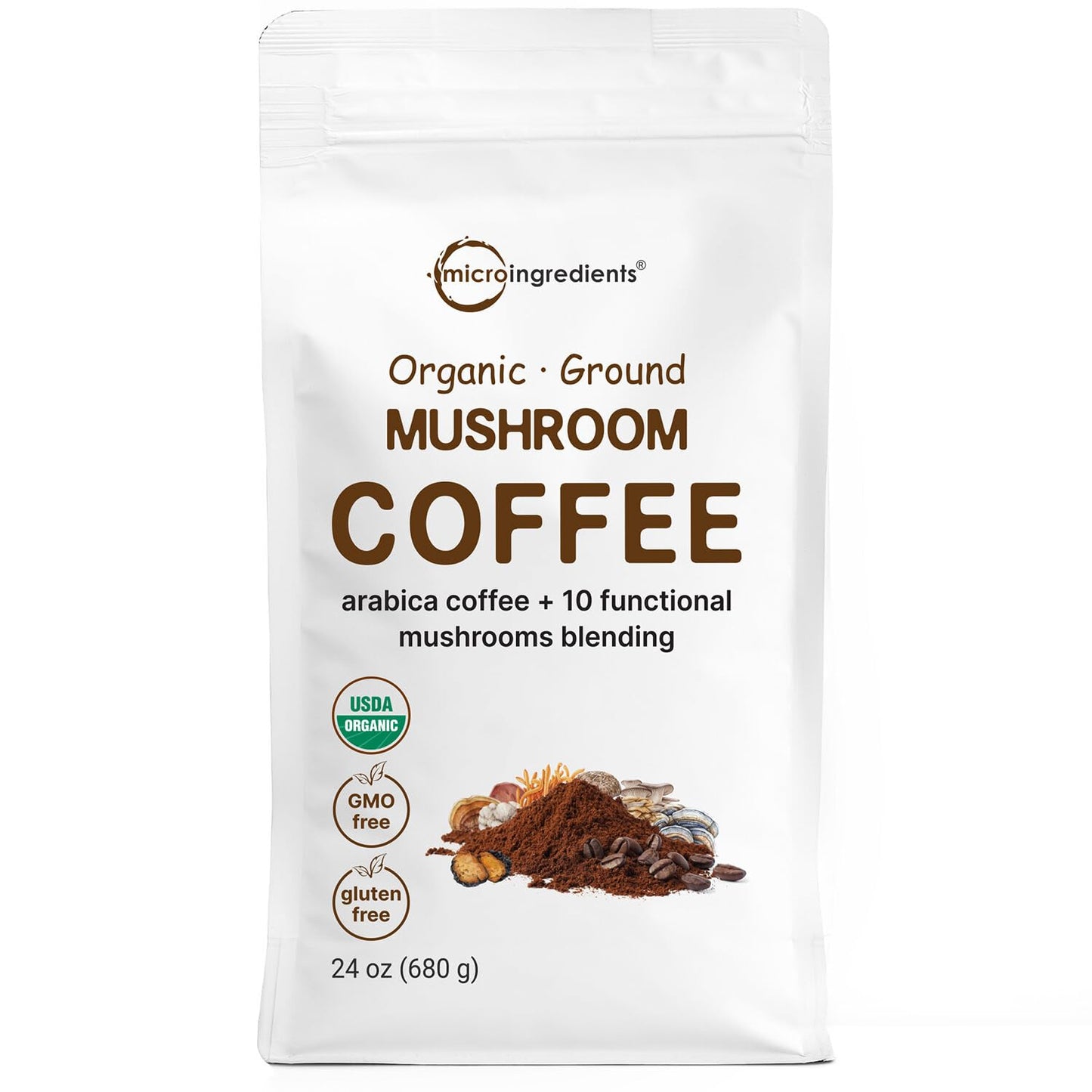Micro Ingredients Organic 10 in 1 Ground Mushroom Coffee, 24 Ounce | Premium Arabica Coffee with Lion's Mane, Chaga, Reishi, & More | Smooth Medium