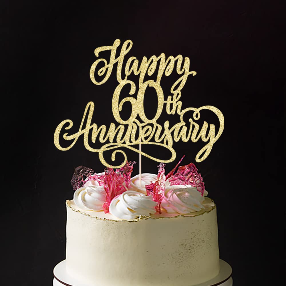 AROKIPPRY golden Glitter Happy 60th Anniversary Cake Topper - for Wedding Anniversary/Company Anniversary Party / 60th Birthday Party Decorations
