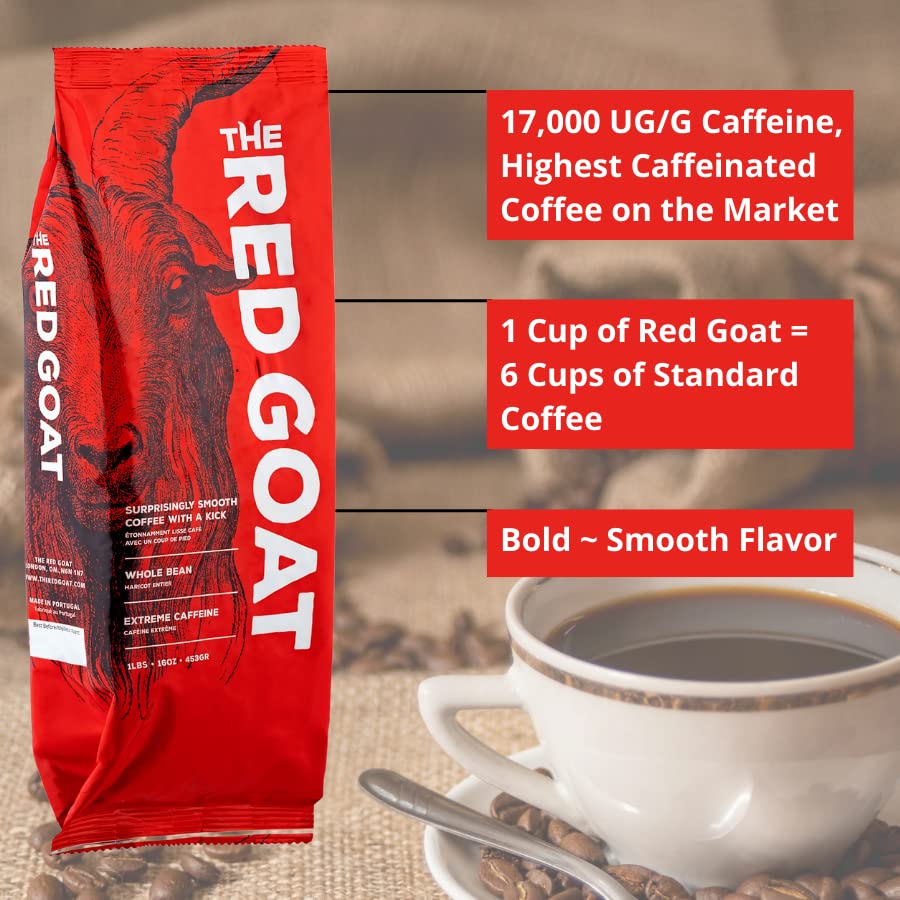 The Red Goat Ground Coffee Beans [16 OZ] | Highest-Caffeine on the Market | 1 Cup = 6 Average Cups of Coffee | 17,000 UG/G Caffeine