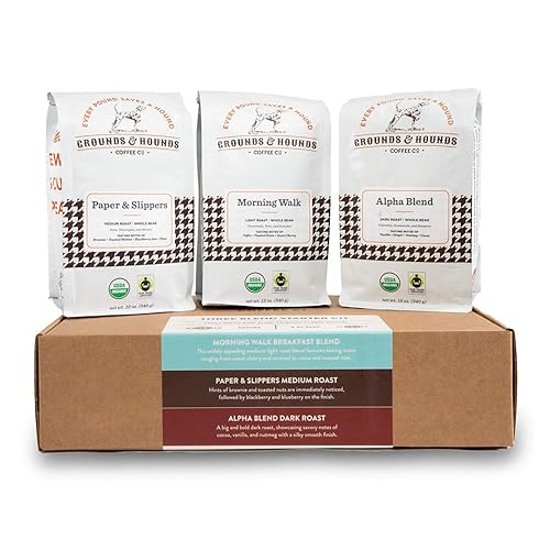 Grounds & Hounds Three Blend Starter Kit - Ground, 100% Organic Coffee Variety Pack, Bulk Ground Coffee, Includes Three 12oz Bags of Our Most Popular