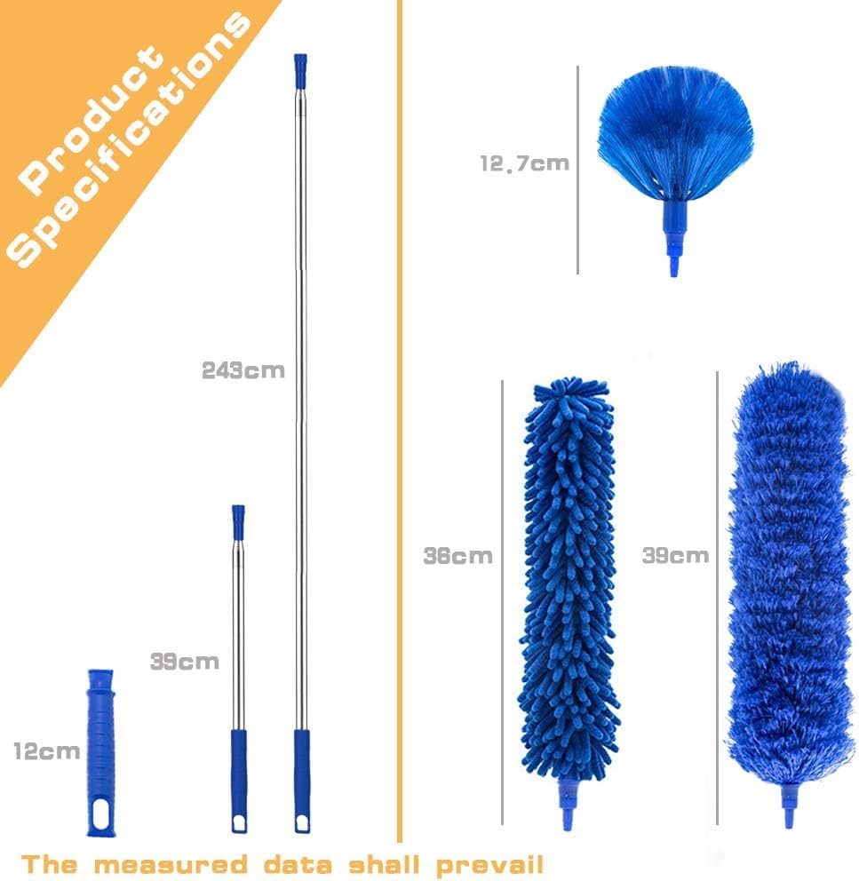 Professional Microfibre Dusters for Cleaning - Extendable 30-81" Cobweb Remover Kit with 3 Washable Heads, Bendable Design for High Ceilings, Fans
