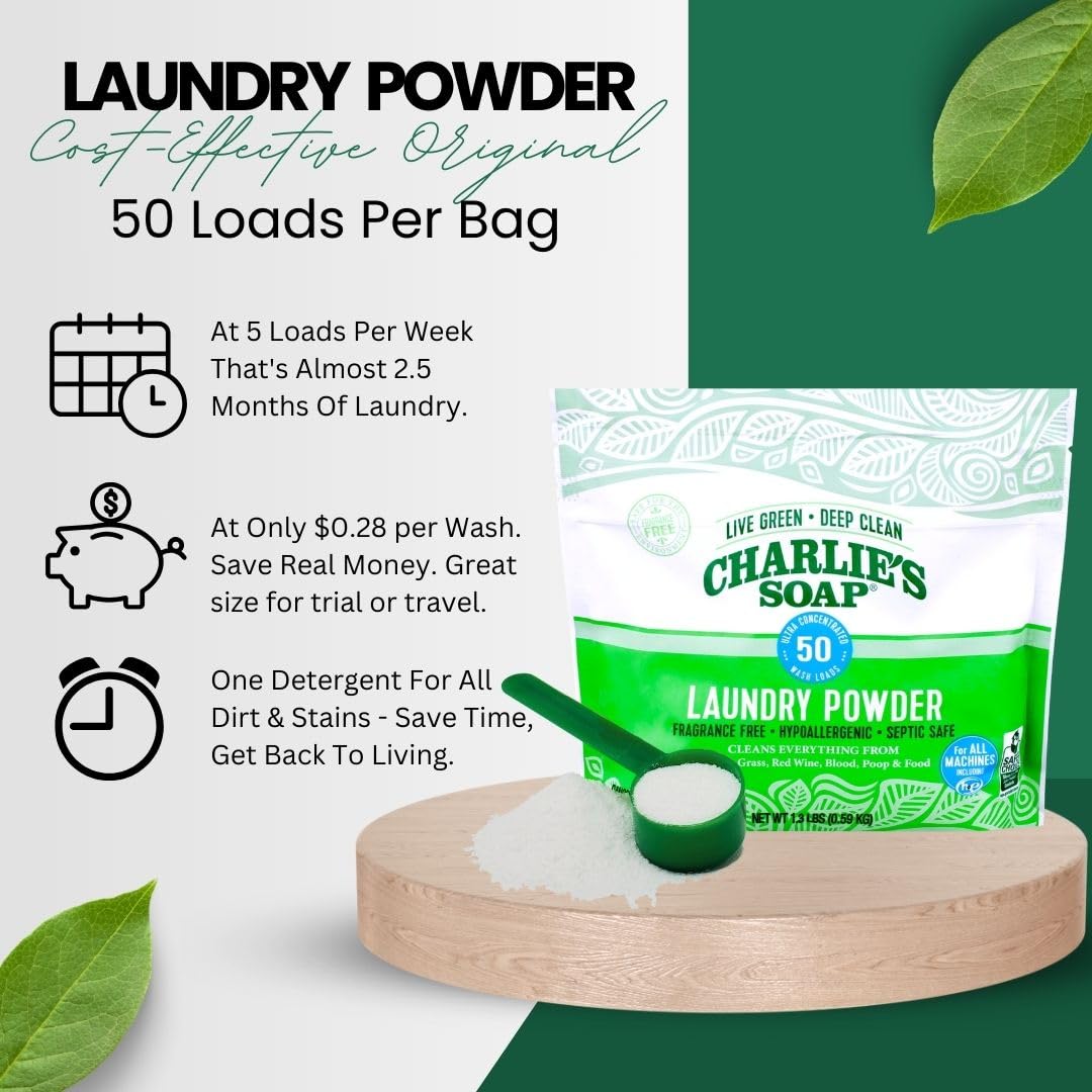 Charlie’s Soap Laundry Powder (50 Loads, 1 Pack) Hypoallergenic Deep Cleaning Washing Powder Detergent - Eco-Friendly, Safe, and Effective