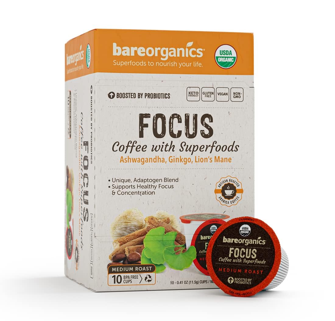 Focus Coffee with Superfoods - Organic Probiotic Mushroom Coffee Pods, Supports Healthy Focus & Digestion, Infused with Ashwagandha, Lion's Mane