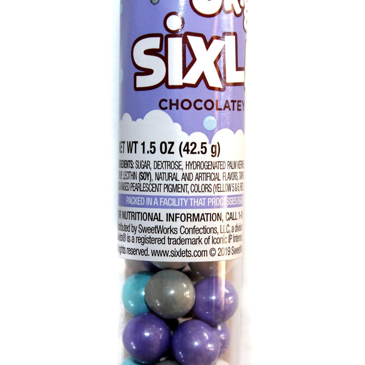 Original Chocolatey Candies in Cane with Snowflake Topper - 1.5 oz, Metallic White, Blue, Purple & Green Candies, Festive Lavender Tube for Holiday