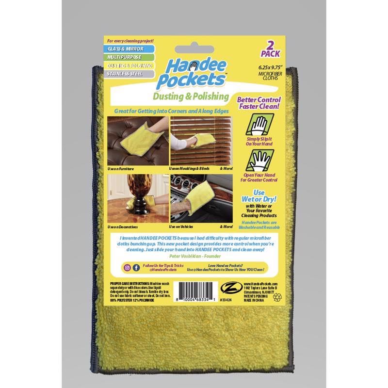 HANDEE Pockets Dusting & Polishing Microfiber Cleaning Cloths with Built-in Pockets, 6.25 in. W x 9.75 in. L, 2 Pack - Ultra Absorbent, Reusable