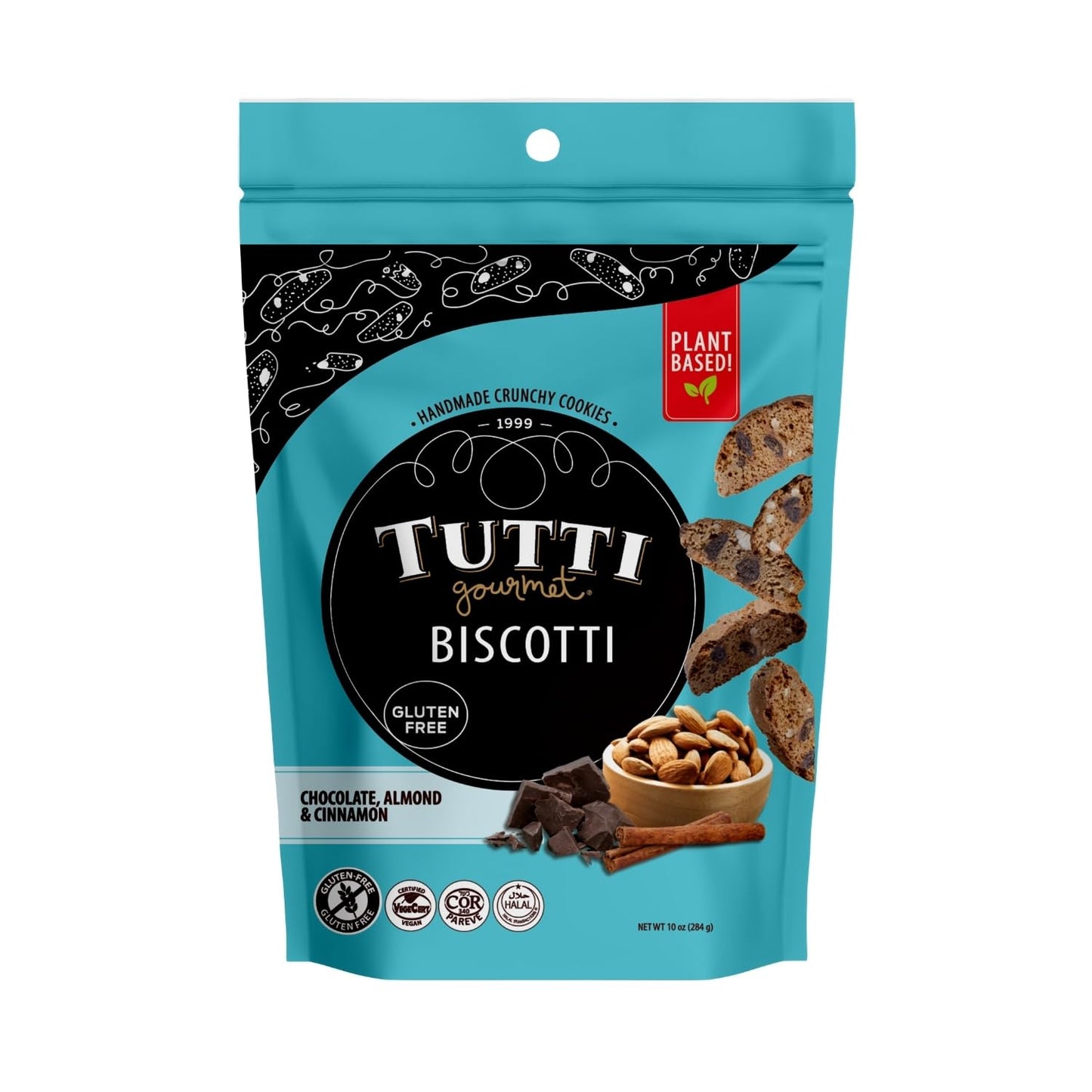 Tutti Gourmet Gluten Free Chocolate, Almond & Cinnamon Biscotti, 9.9 oz (283g) Resealable Cookie Bag - Vegan and Halal Snacks