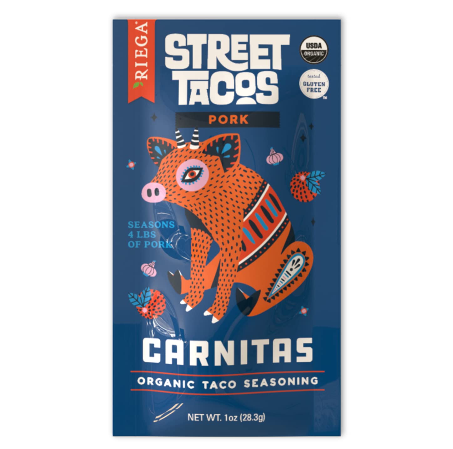 Riega Street Taco Seasoning, Organic Mexican Spice Blend for Cooking Authentic Meals, Carnitas, 1.1 oz Packets, 8 Count