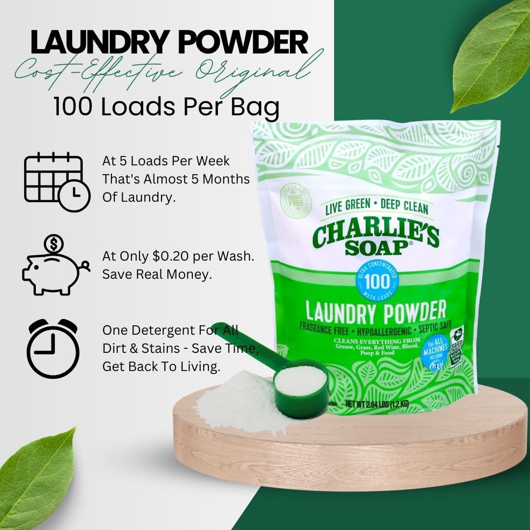 Charlie’s Soap Laundry Powder (100 Loads, 2 Pack) Hypoallergenic Deep Cleaning Washing Powder Detergent - Eco-Friendly, Safe, and Effective