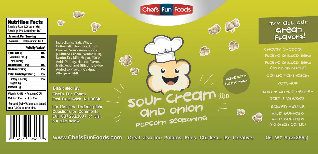 Popcorn Sour Cream & Onion Flavor 9 OZ | Kosher Food for Restaurants and Home Cooks | No MSG or Fillers | Great for Popcorns, Fried Foods, BBQ