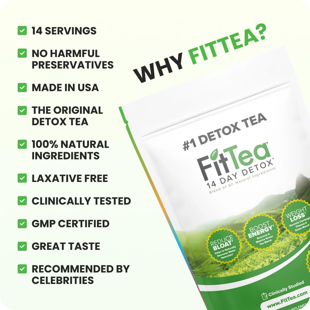 FitTea The Original 14 Day Detox Tea with Organic Green Tea ECGC, Garcinia Cambogia and Ginger - Colon Detox Cleanse to Help Bloating and Support