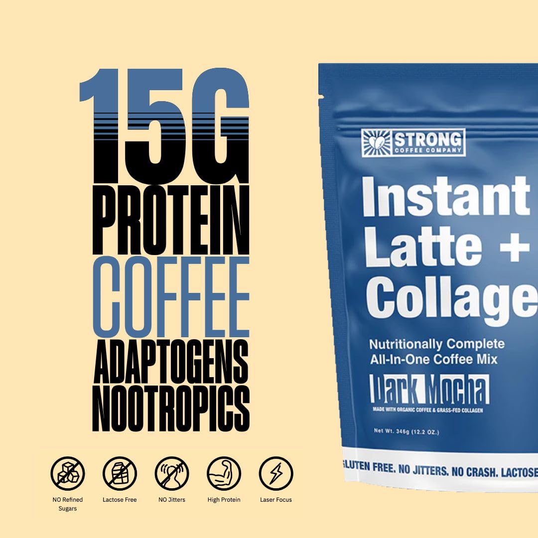STRONG Coffee Co. Dark Mocha Instant Latte | Organic Coffee with Collagen Protein | Lion’s Mane & L-Theanine | Adaptogens & Nootropics | 15 Servings