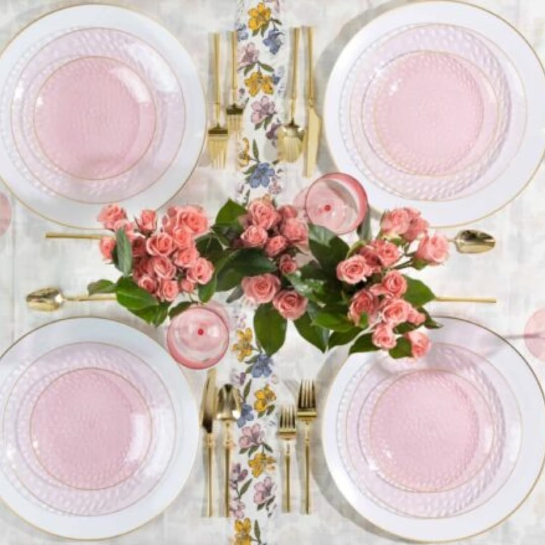 Blue Sky Organic Hammered Pink Gold Rim Plates - 10 Count, 7" | Round Disposable Plastic, Elegant Design for Parties & Events