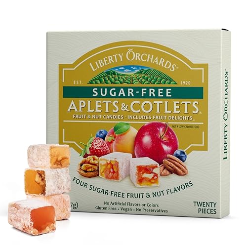 Liberty Orchards, Sugar Free Aplets & Cotlets - Vegan Gourmet Snack, Sugar Free Turkish Delight Candy Gift Box 8 Oz.