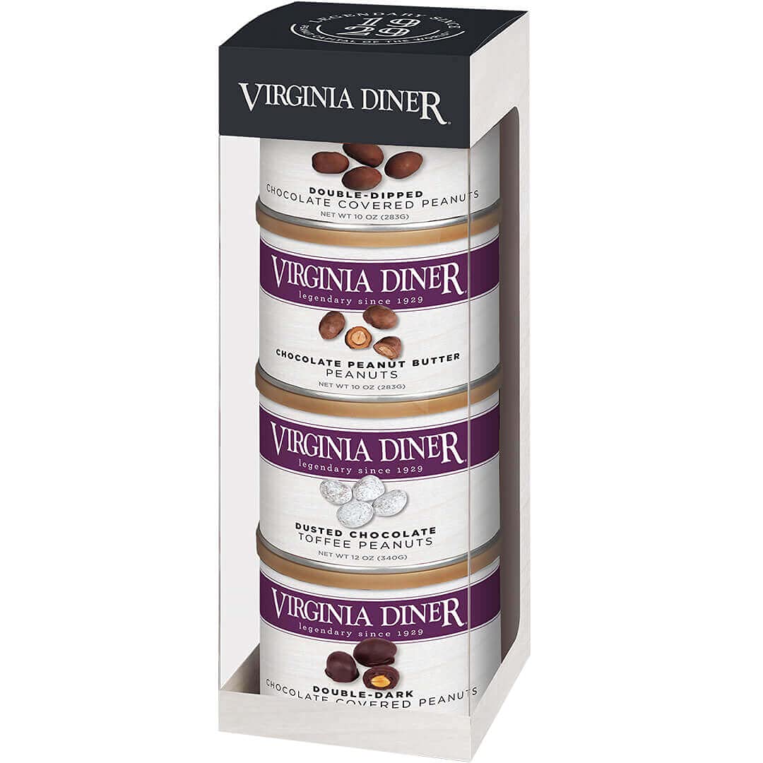 Virginia Diner Virginia Peanut Gift Set Fantastic Four: Peanut Butter, Double Dipped Dark, & Milk Chocolatey, Dusted Toffee 42oz total