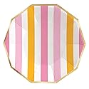 Slant Collections 8-Count Disposable Dinner Size Decagon Paper Plates, 9-Inch, Pink & Orange Cabana Stripe