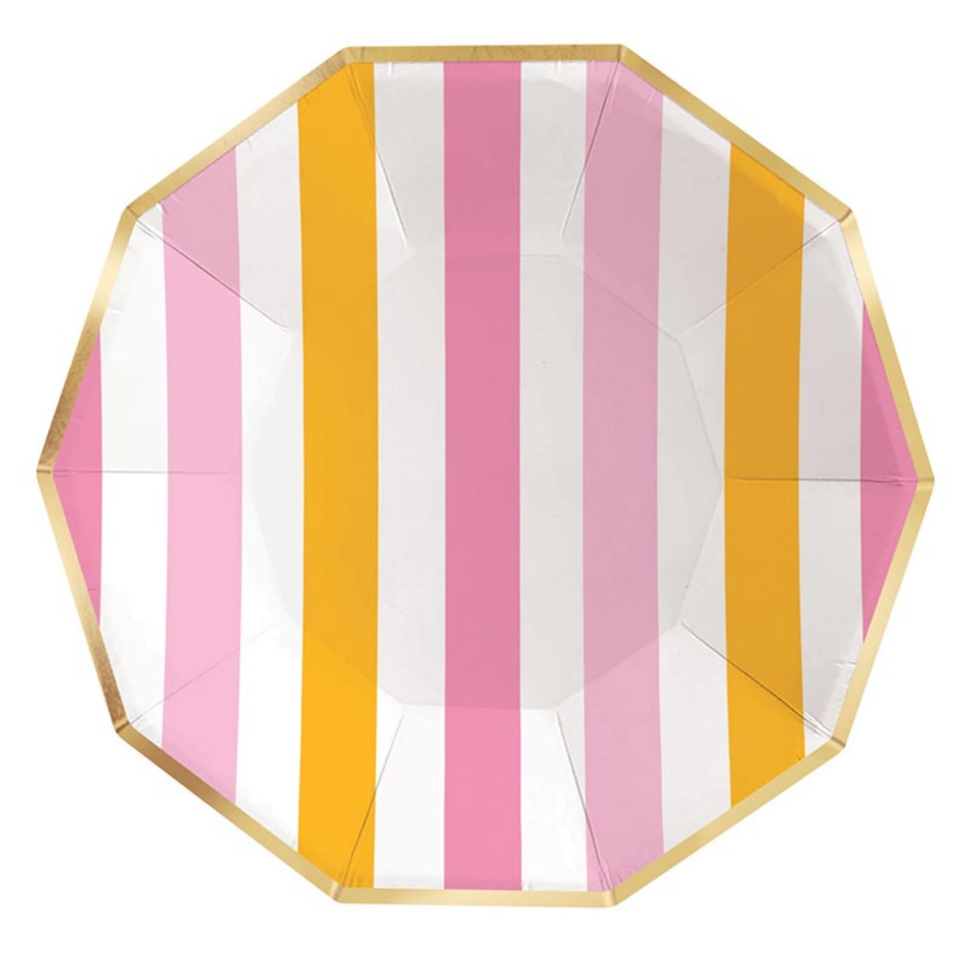 Slant Collections 8-Count Disposable Dinner Size Decagon Paper Plates, 9-Inch, Pink & Orange Cabana Stripe