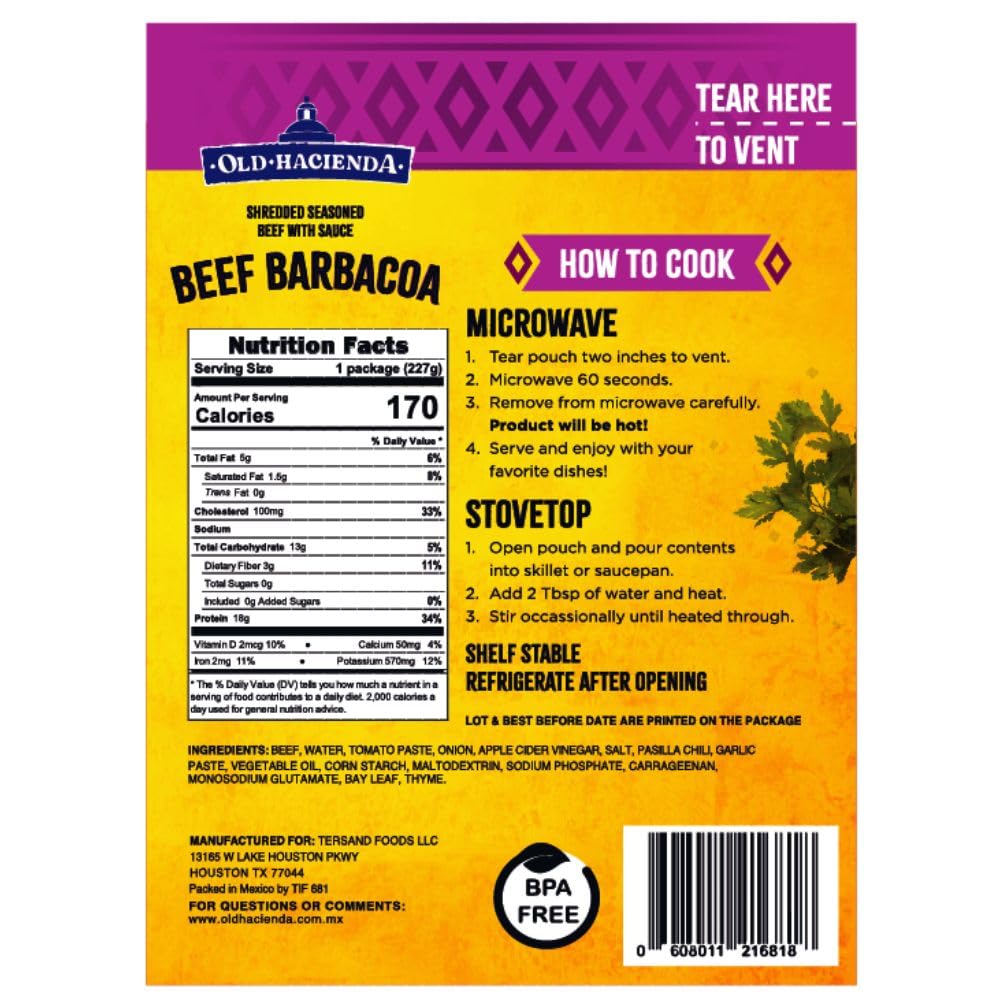 Old Hacienda Beef Barbacoa, | 100% Shredded Seasoned Beef with Sauce | Fully Cooked & Ready to Eat | 18g Protein | No Preservatives, Artificial