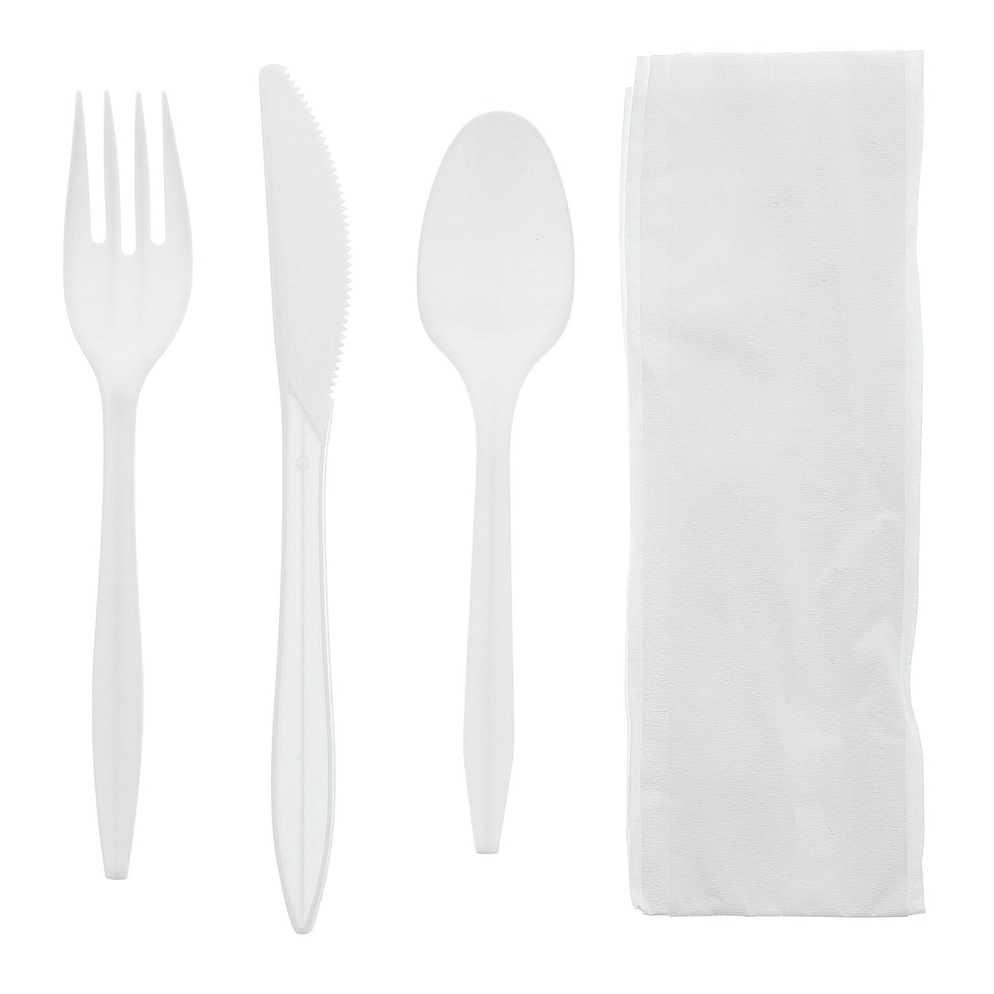 AmerCareRoyal 4-in-1 Disposable Silverware Medium Weight Plastic Utensil Set with Teaspoon, Fork, Knife and 12x13 inch Napkin - Individually Wrapped